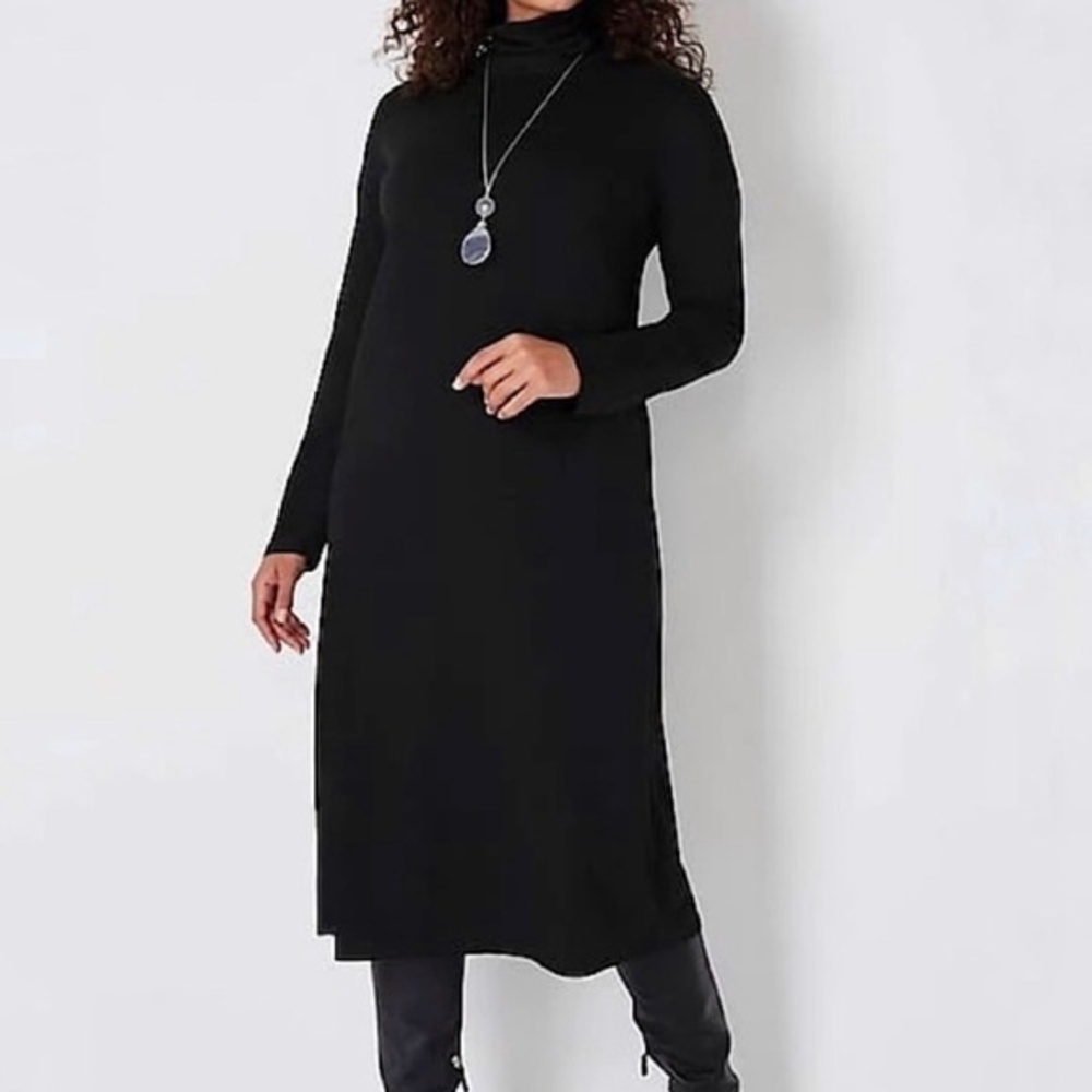 J Jill Wearever Dress Black Ribbed Jersey Knit Cowl Mock Neck Midi Womens Medium